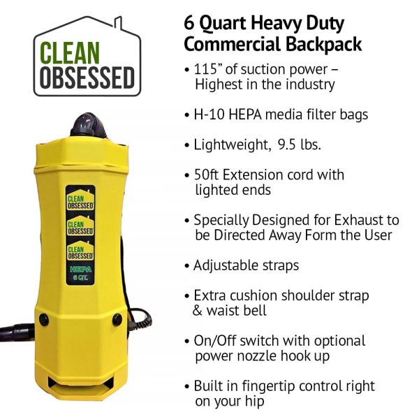 Clean Obsessed CO6 - 6 Quart Heavy Duty HEPA Backpack Vacuum